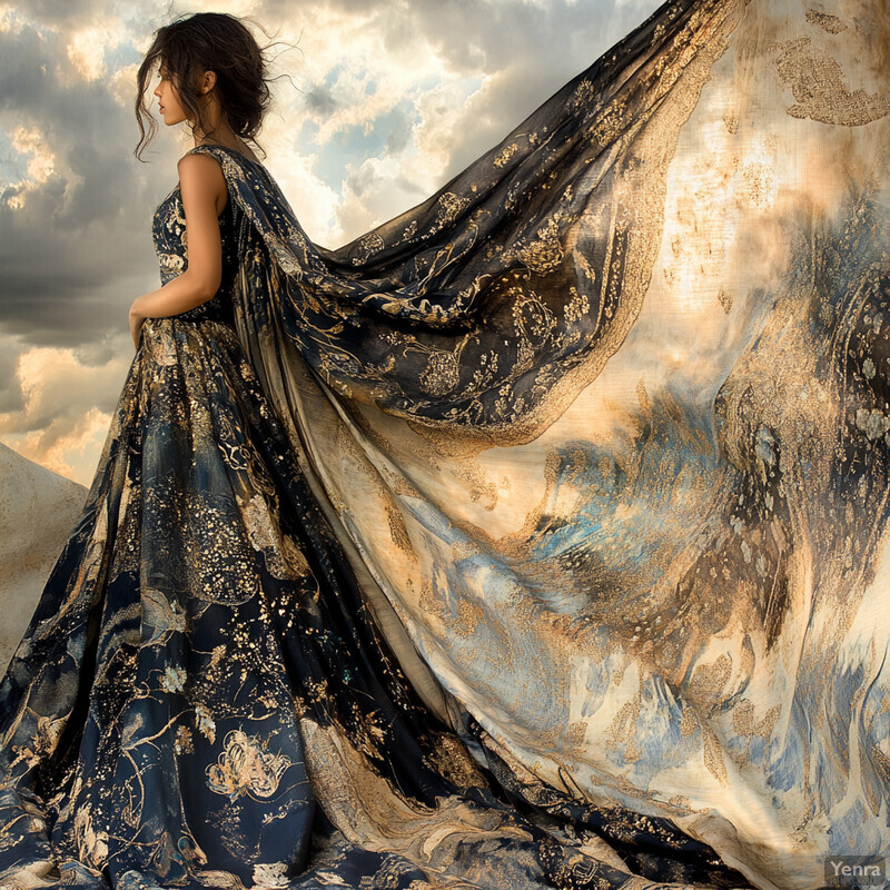 A woman stands in front of a large piece of fabric, gazing off into the distance against a cloudy sky background.