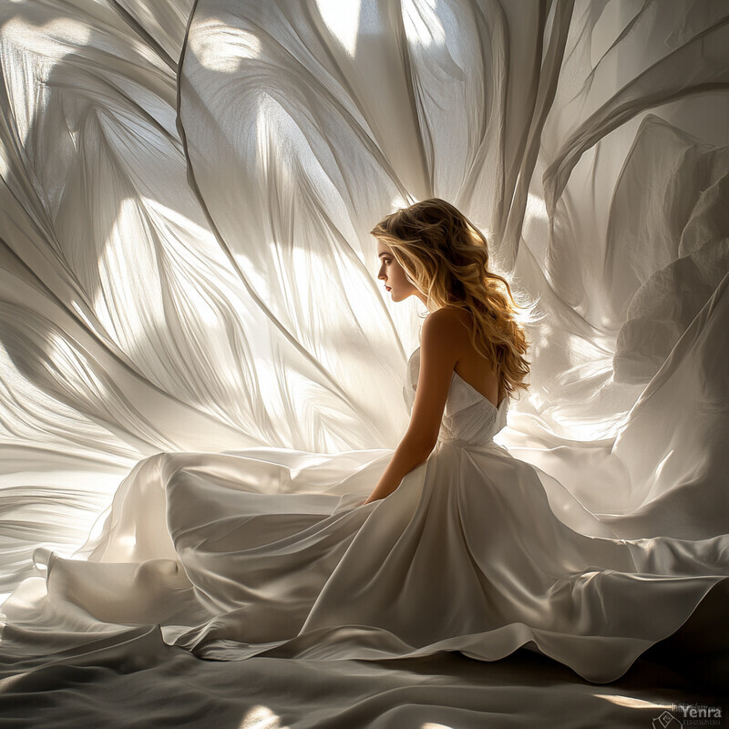 A woman sits on a bed surrounded by objects, conveying a sense of quiet reflection and introspection