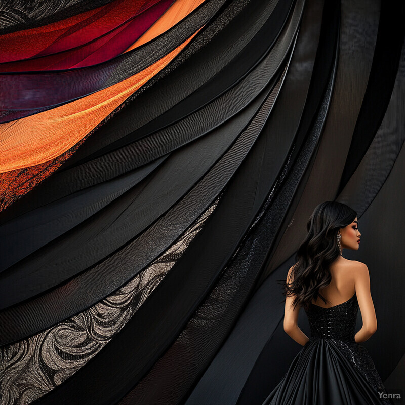 A woman in a black dress stands against a backdrop of swirling lines.