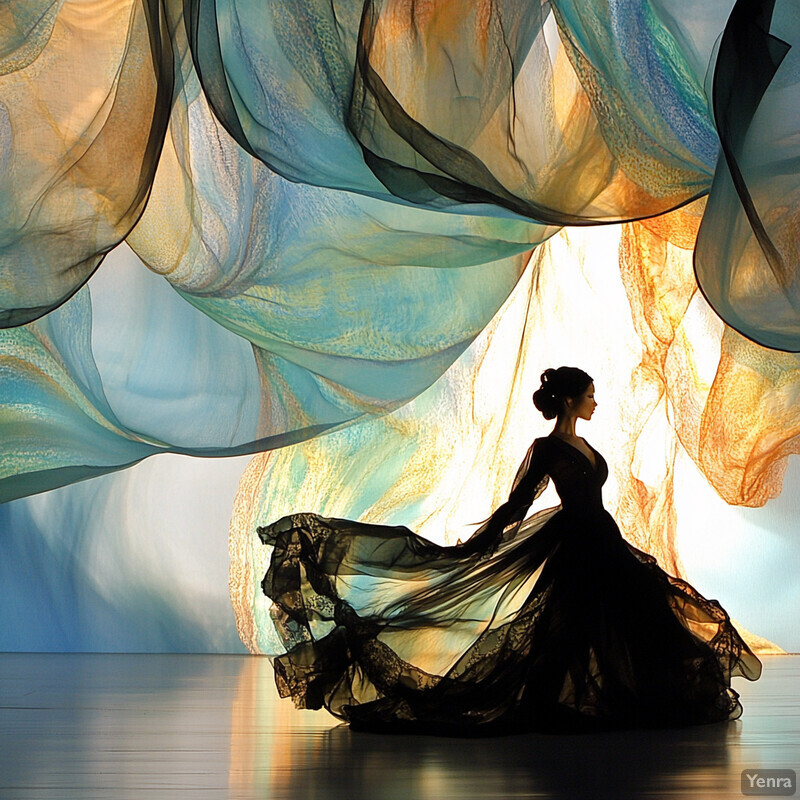 A woman in a long black dress stands in front of a wall covered with flowing fabric.