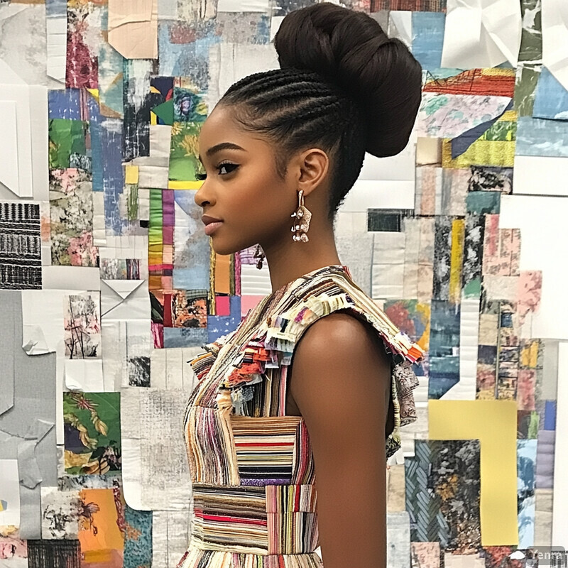 A young woman with dark skin and black hair stands in front of a wall covered in small pieces of paper or fabric.