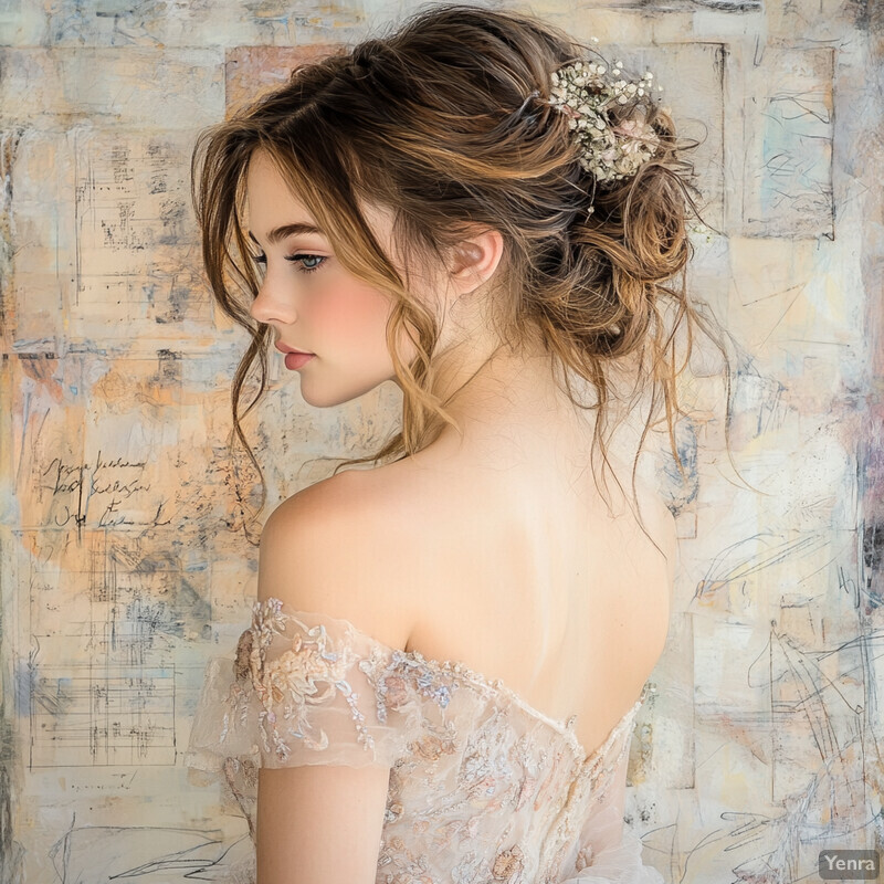 A woman with long brown hair and a white lace dress stands against a soft background.