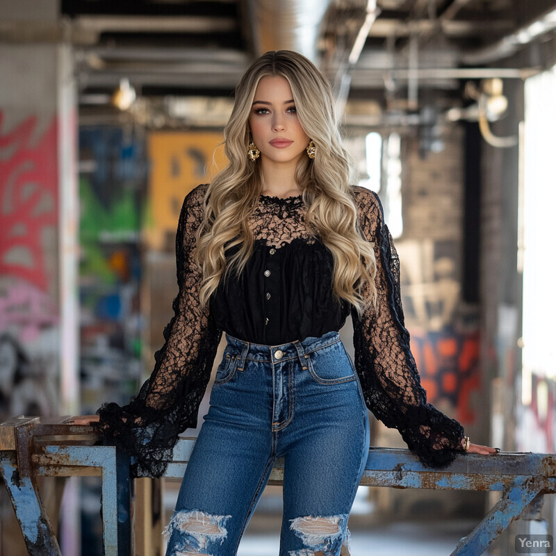 Young woman posing in front of metal railing in an industrial setting