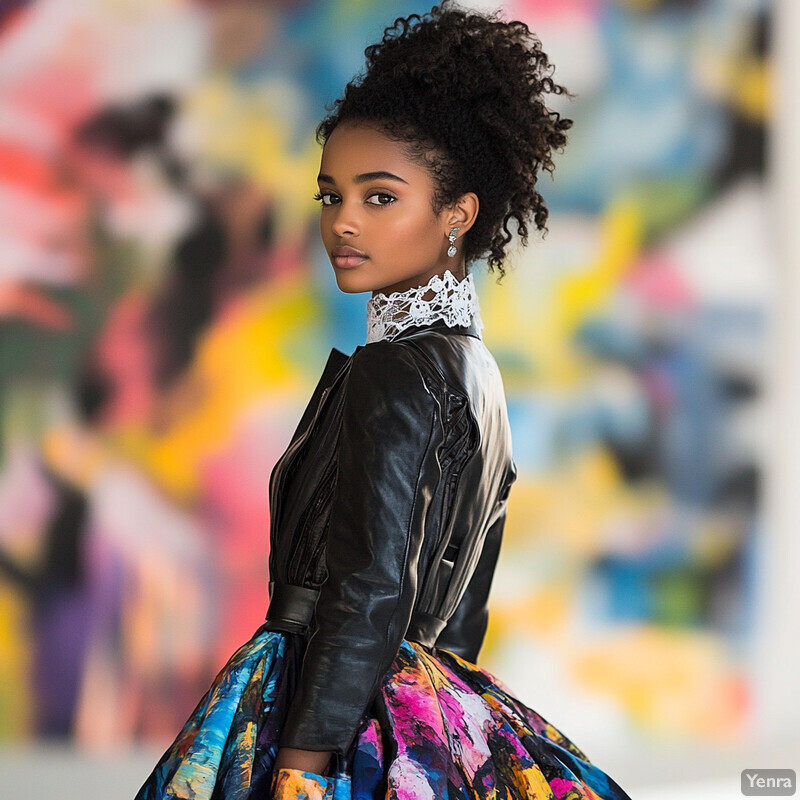 A young woman with dark skin and curly hair poses confidently in front of a colorful background, wearing a black leather jacket, lace choker, and multicolored skirt.