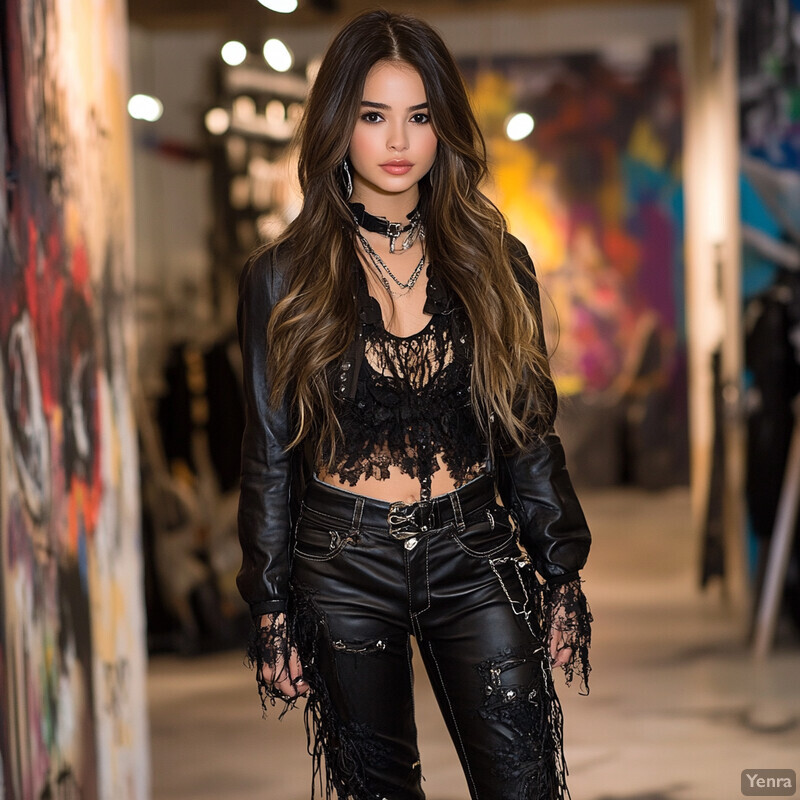 A young woman with long brown hair poses in front of a graffiti-covered wall, showcasing her bold fashion choices and confident demeanor.