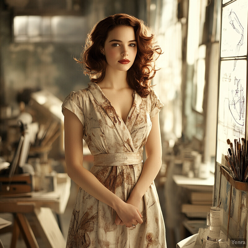 A woman stands in an art studio, surrounded by art supplies and canvases, wearing a white dress with brown paint splatters.