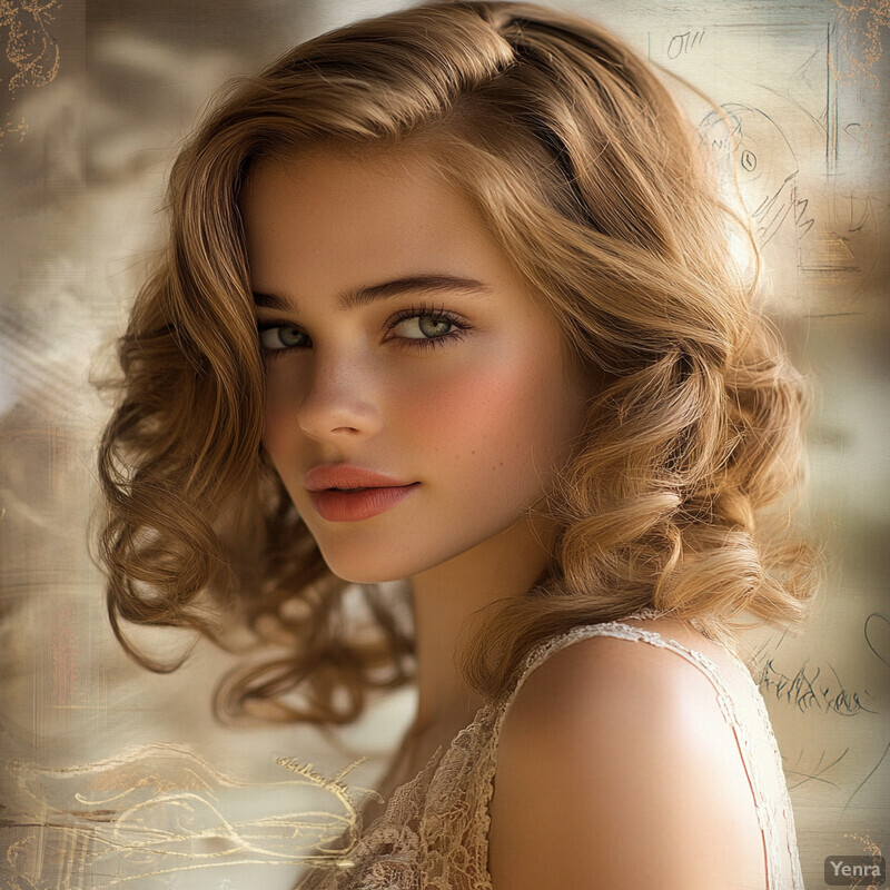 A young woman with blonde hair and a sleeveless lace dress poses for a vintage photograph.