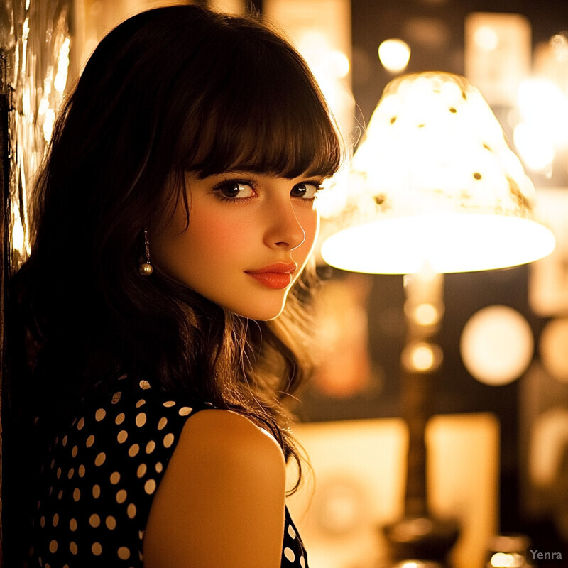 A young woman with dark hair and bangs stands in front of a textured wall, wearing a black dress with white polka dots, photographed at night or in low light conditions.