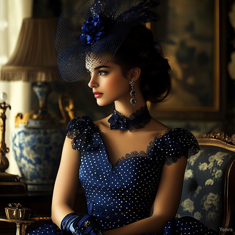 A woman in a vintage-inspired outfit sits on an ornate chair, exuding elegance and poise.