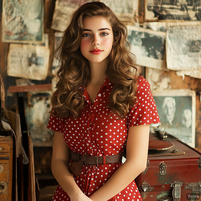 A young woman stands in front of a wall with vintage posters and photographs, surrounded by antique items, wearing a red dress with white polka dots.