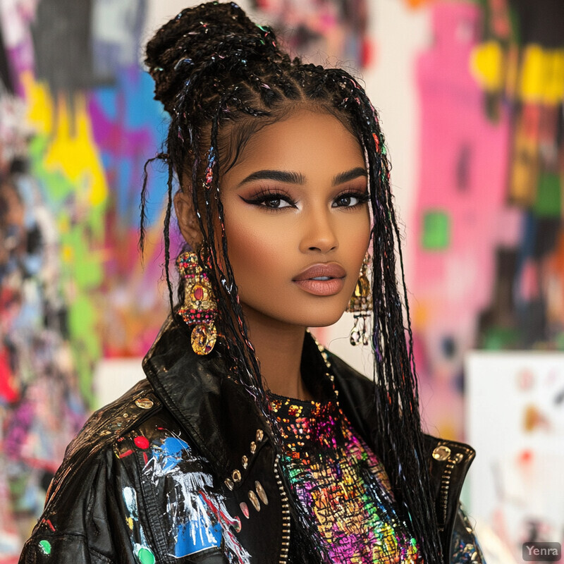 A woman with intricate braids and a colorful outfit stands in front of a blurred wall with multicolored paint splatters, creating a dynamic and artistic atmosphere.