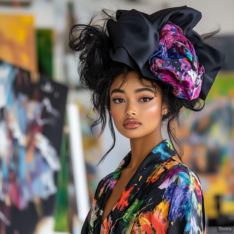 A woman with dark hair and vibrant floral-patterned blouse stands in front of a blurred background, possibly an art gallery or studio.