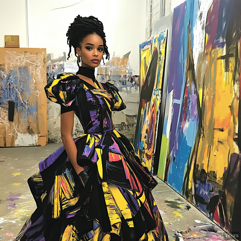 A woman stands confidently in an art studio or gallery, surrounded by vibrant artwork and showcasing her unique style.