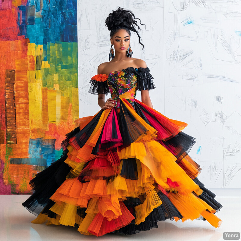 A woman stands confidently in front of a colorful abstract painting, wearing a stunning multicolored dress.