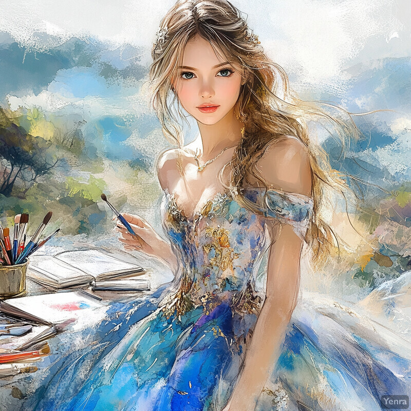 A young woman paints or draws in a serene outdoor setting