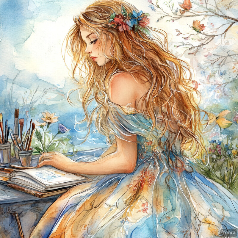 A whimsical watercolor painting of an artist at work, surrounded by art supplies and flowers in her hair.