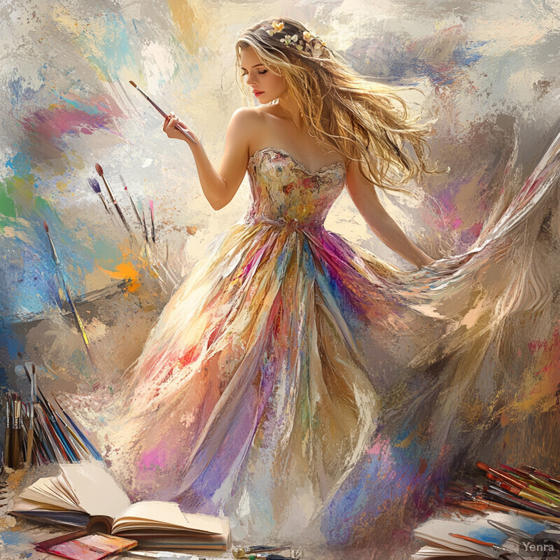 A woman with long blonde hair and a colorful dress stands amidst art supplies, poised with a paintbrush in hand.