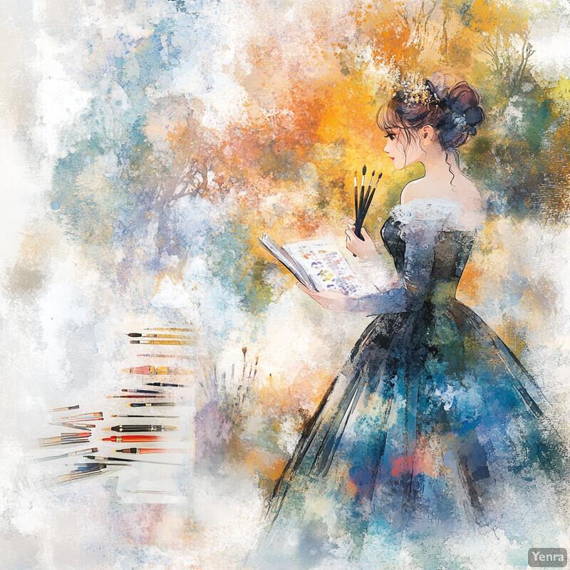 Whimsical watercolor painting of a woman holding a paintbrush and palette