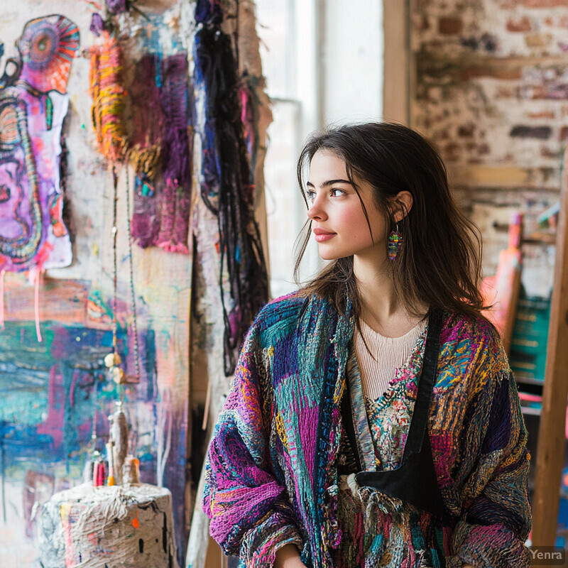 Young woman standing in front of art pieces