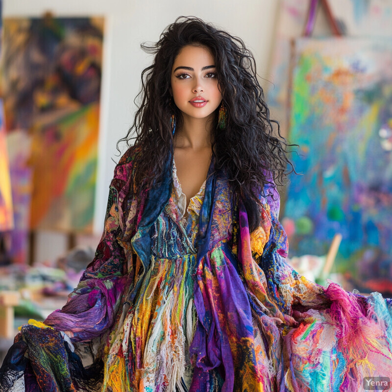 A woman stands in an art studio or gallery wearing a vibrant abstract dress