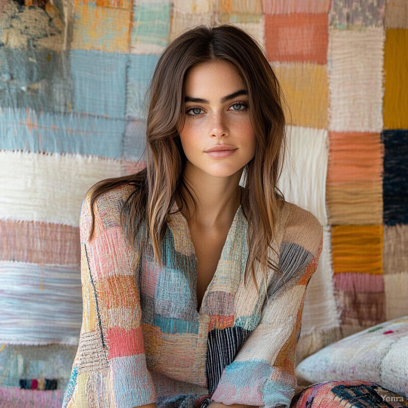 A young woman sits in front of a vibrant tapestry or rug, wearing a colorful blouse that matches her surroundings.