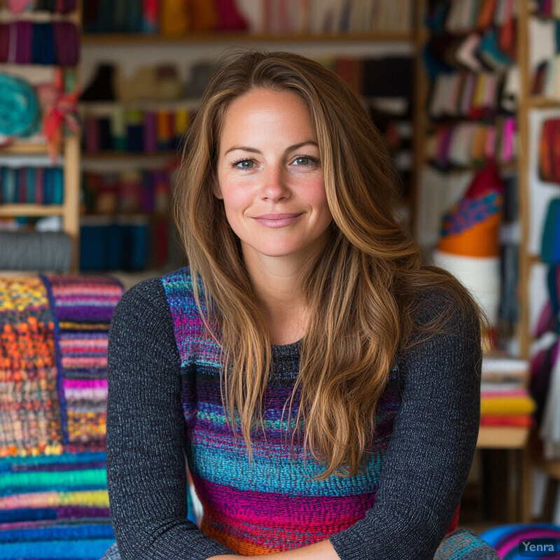 A woman with long brown hair and a colorful top sitting in front of a vibrant background