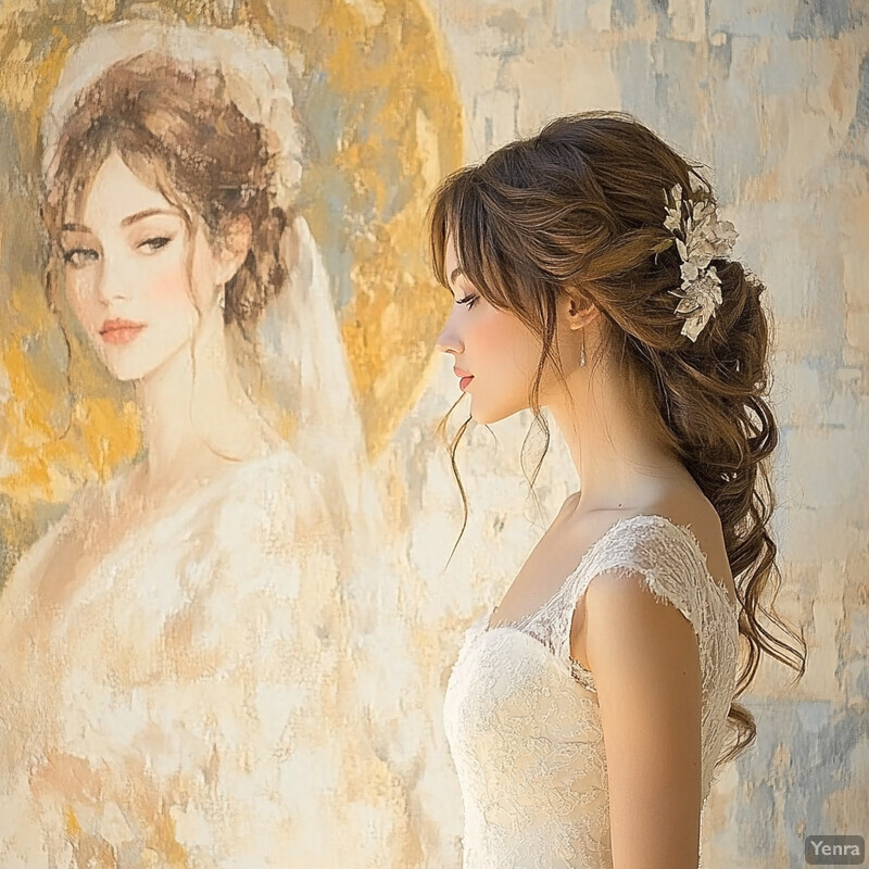 A woman in a wedding dress stands in front of an abstract painting