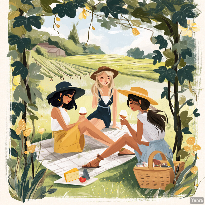 Three women enjoy a picnic in a picturesque vineyard setting