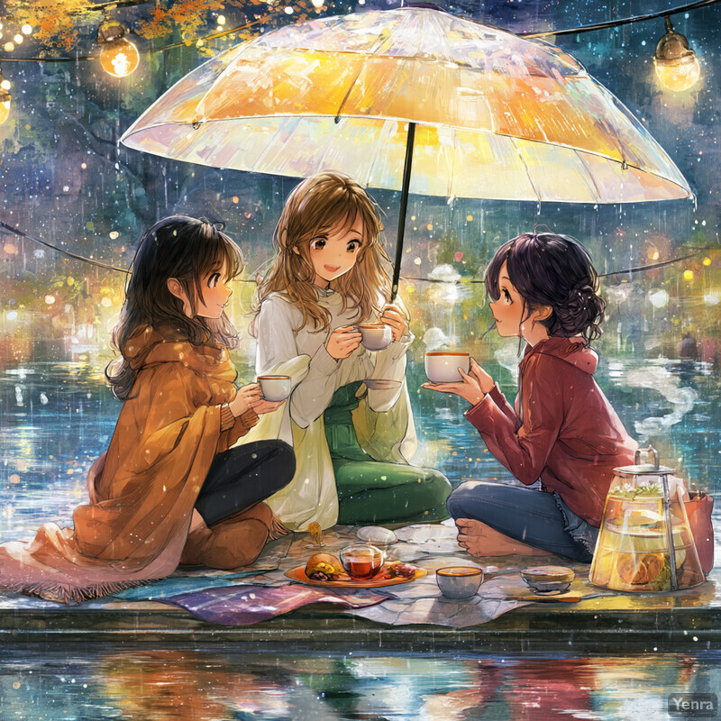Three women enjoy tea together on a rainy day in the park under an umbrella.