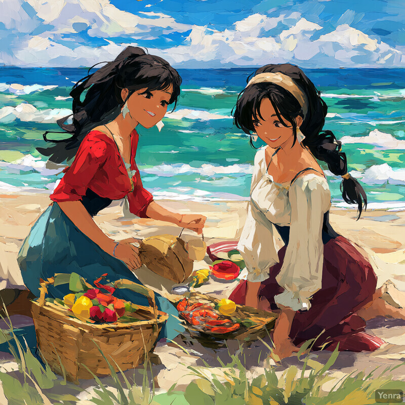 Two women enjoying a beach picnic with a basket of fruit and drinks.