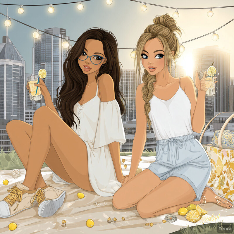 Two women enjoy lemonade together on a rooftop or balcony with a cityscape view.