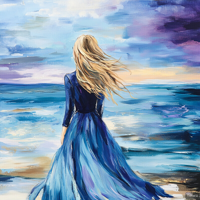 A woman stands on a beach, gazing out at the ocean in an elegant blue dress.