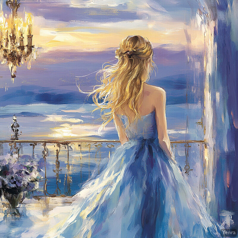 A serene scene of a woman standing on a balcony overlooking the ocean, dressed in a stunning blue gown.