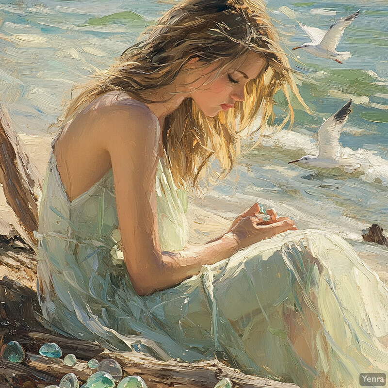 A woman sits on a beach surrounded by glass balls and driftwood, with seagulls flying overhead.