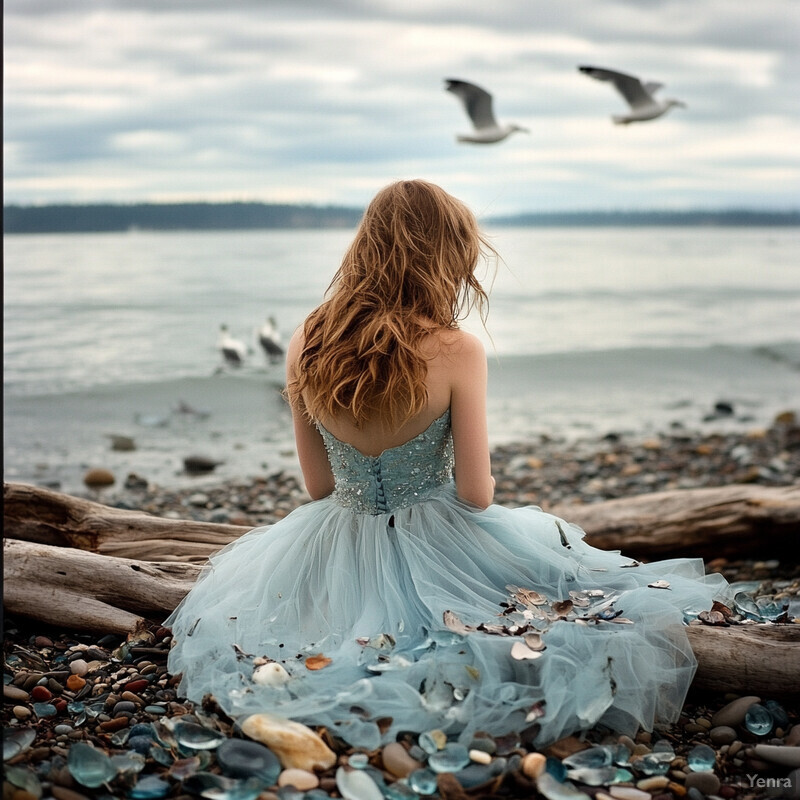 A woman sits on a beach, gazing out at the water while wearing a stunning light blue ball gown.