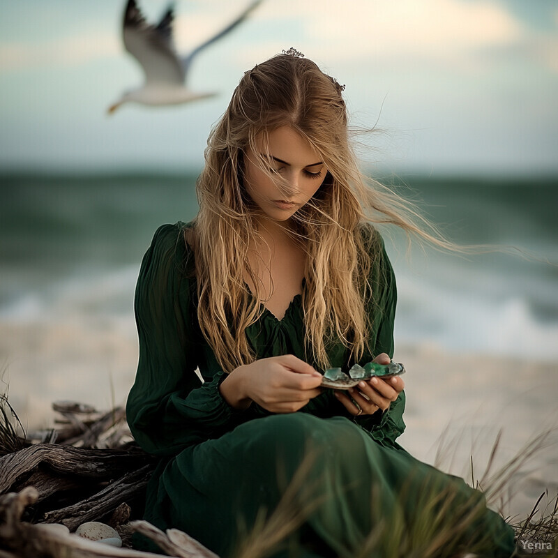 A young woman sits on the beach, surrounded by natural elements, lost in thought as she gazes out at the ocean.