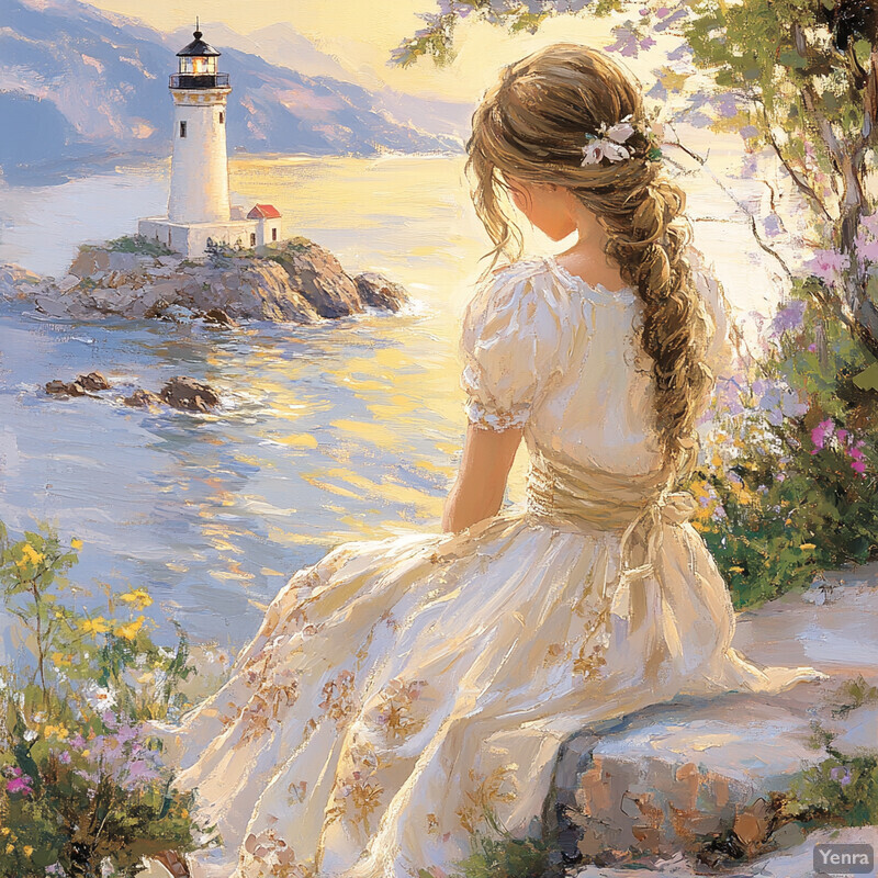 A serene painting of a woman sitting by the water with a lighthouse in the distance.