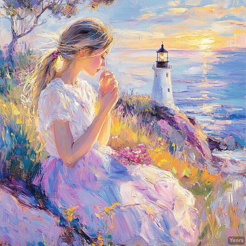 A serene painting of a woman sitting on a cliff overlooking the ocean at sunset