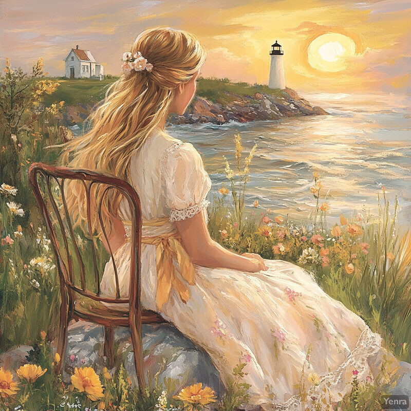 A serene oil painting of a young girl in a white dress surrounded by wildflowers and grasses at sunset, with a lighthouse visible in the distance.