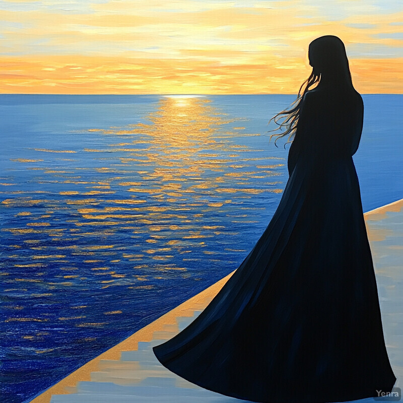 A serene painting of a woman standing on a beach at sunset, gazing out to sea