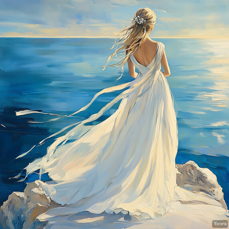 A woman in a white dress stands on a rocky coastline, gazing out at the ocean.