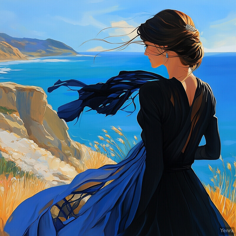 A woman stands on a cliff overlooking the ocean, dressed in a black dress and gazing out at the view.