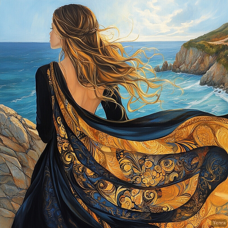 A woman stands confidently on a rocky outcrop overlooking the ocean, her long hair flowing in the wind.