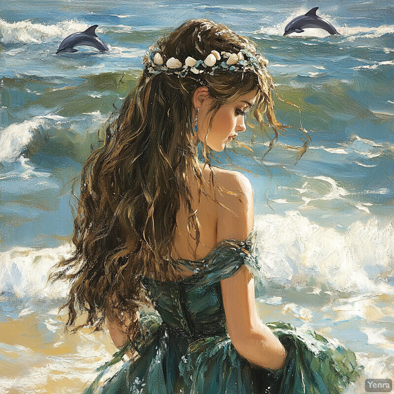 A woman stands on the beach, surrounded by dolphins, with seashells in her hair and an off-the-shoulder green dress.