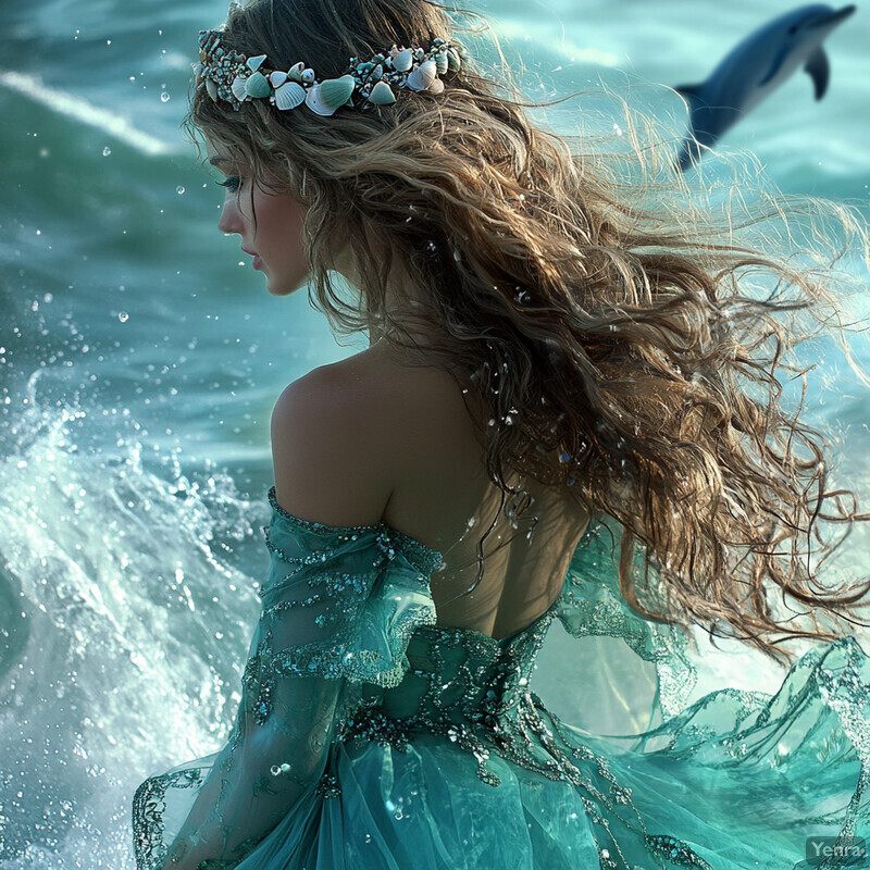 A woman dressed in a teal gown stands confidently on a rocky cliffside overlooking the ocean, her gaze lost in thought as she surveys the vast expanse before her.