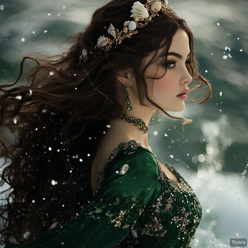 An ethereal woman with long dark hair and a green dress, adorned with seashells in her hair, set against a blurred ocean backdrop. The composition effectively captures the essence of a coastal goddess, exuding tranquility and harmony with nature.