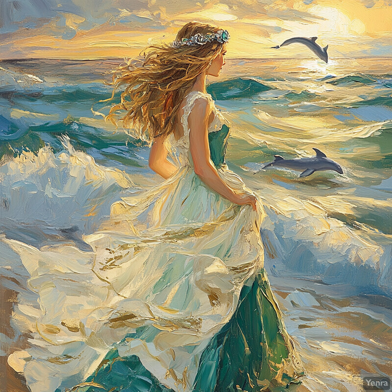 A serene coastal scene featuring a woman standing on the beach, gazing out at the sea during sunrise or sunset.