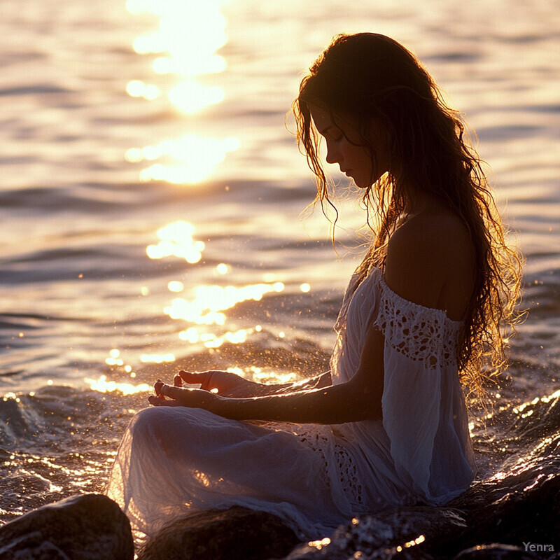 Woman meditating on rocks near the ocean during sunset