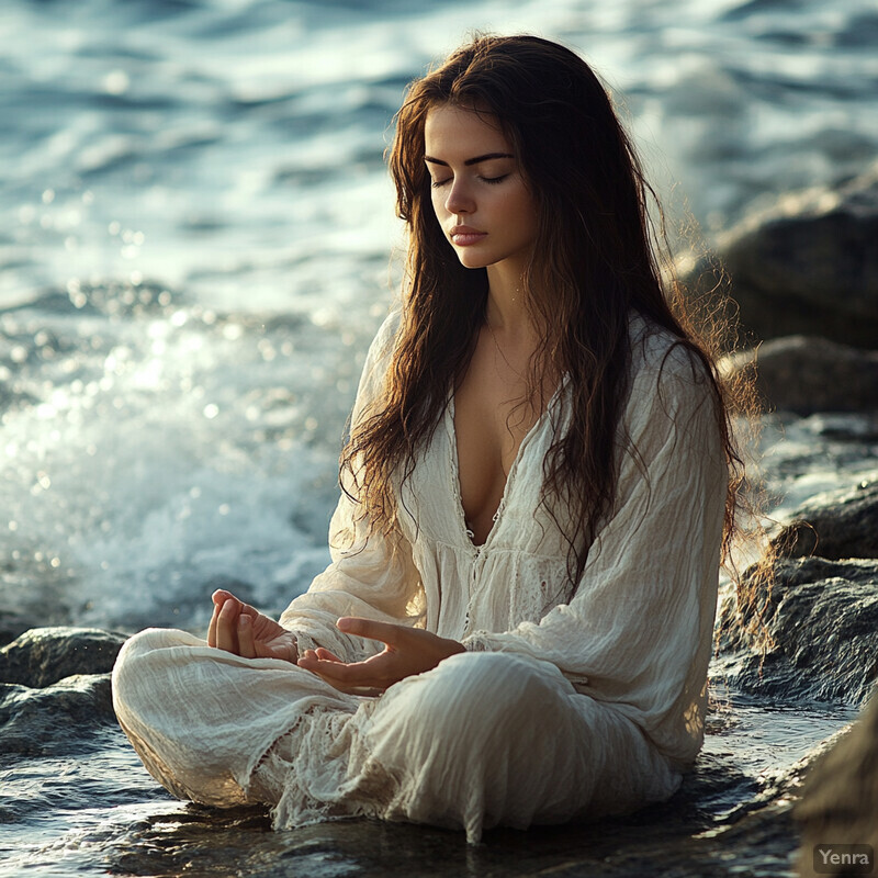 A woman meditates on rocks near the ocean