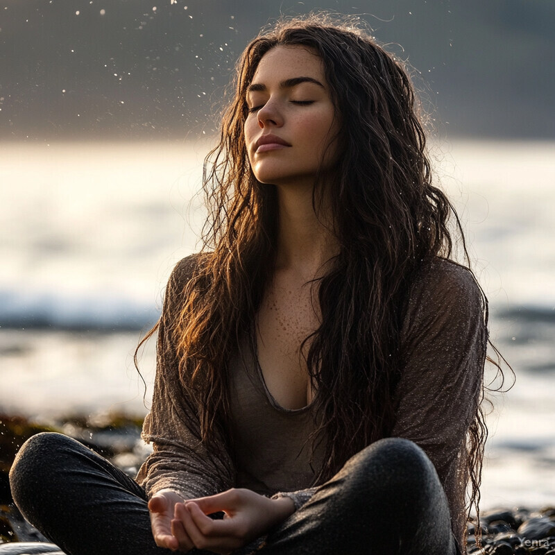 A woman meditating on the beach